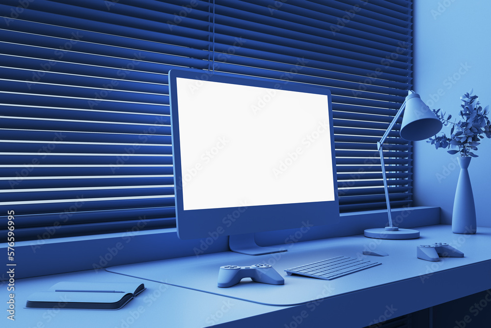 Aufkleber Perspective view on blank white computer monitor screen with place for web design or web site on work table with joystick and keyboard on window background closed by blinds. 3D rendering, mockup