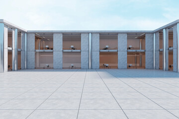 Fototapeta na wymiar Bright concrete office building exterior on bright blue sky backgroound. 3D Rendering.