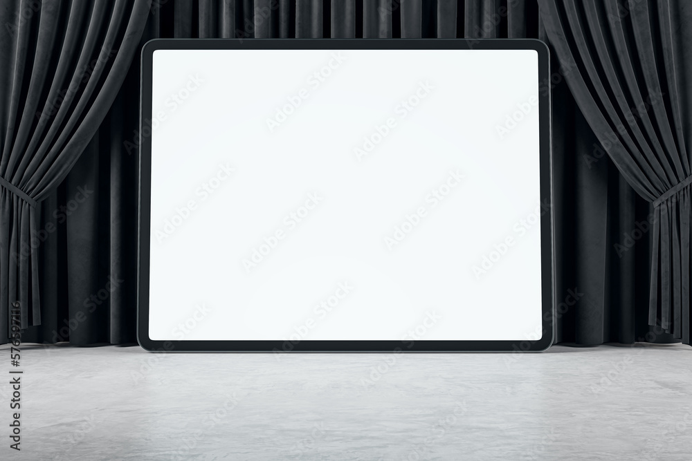 Aufkleber Front view on huge digital tablet blank white screen with space for your web design or landing web page on concrete floor and on black backstage curtain background, online movie. 3D rendering, mock up