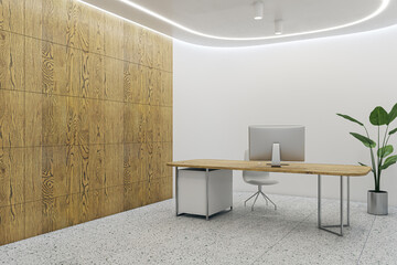 Contemporary office interior with wooden and concrete walls and floor, furniture and equipment. 3D Rendering.