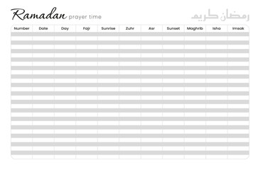 Ramadan Kareem shedule of prayer time. Vector calendar Planner on Ramadan