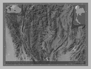 Chiang Mai, Thailand. Grayscale. Labelled points of cities