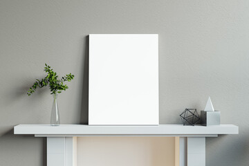 Contemporary living room interior with wall installation and empty white mock up poster leaning on wall. 3D Rendering.