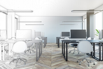 Drawing of modern coworking office room interior with furniture, equipment and window with city view. 3D Rendering.