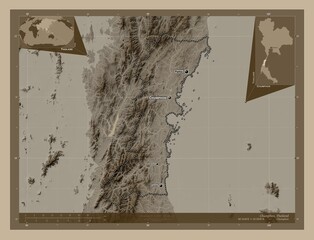 Chumphon, Thailand. Sepia. Labelled points of cities