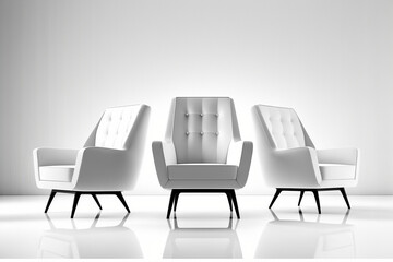 3 armchairs on a white background, generative ai