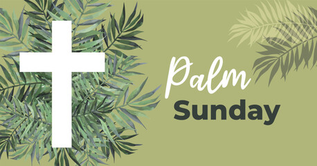 illustration of Christian Palm Sunday with palm branches and leaves and cross illustration