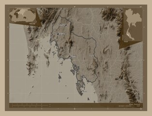 Krabi, Thailand. Sepia. Labelled points of cities