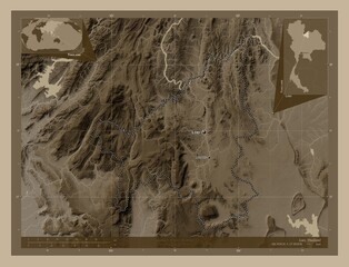Loei, Thailand. Sepia. Labelled points of cities