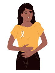 A young smiling girl is holding her stomach with her hands. Endometriosis Awareness Ribbon. An African American woman and a symbol of womens health. World endometriosis awareness day.