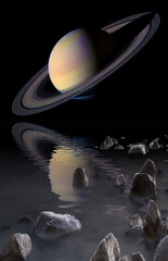 Saturn rise seen from the surface of its moon Enceladus illustration. Elements of this image furnished by NASA  © Zoran Karapancev