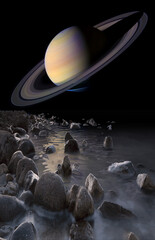 Saturn rise seen from the surface of its moon Enceladus illustration. Elements of this image furnished by NASA  © Zoran Karapancev