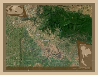 Nakhon Nayok, Thailand. Low-res satellite. Labelled points of cities
