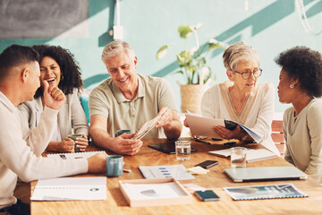 Team, happy and distracted business people in a meeting in a boardroom or office laughing in...