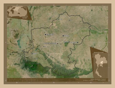 Nakhon Ratchasima, Thailand. Low-res satellite. Labelled points of cities