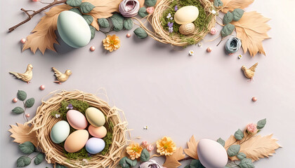 Fototapeta na wymiar Happy Easter concept with easter eggs in nest and spring flowers. Easter background with copy space. Generative AI