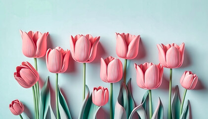 Pink tulips on a blue background. Spring Generative AI