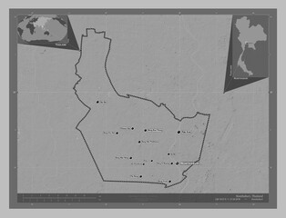 Nonthaburi, Thailand. Grayscale. Labelled points of cities