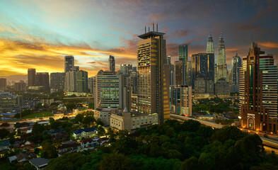 Aerial sunset view of beautiful Kuala Lumpur city skyline