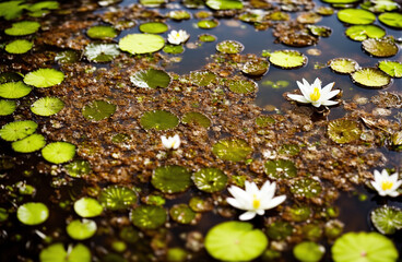 Lily leaves green color and white lily flowers in the water swamp. A beautiful view of the Dutch swamps with copy space. Generative AI.