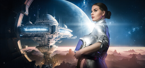Fototapeta premium Art of cosmonaut woman dressed in silver spacesuit holding headwear against space station.
