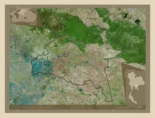 Prachin Buri, Thailand. High-res satellite. Labelled points of cities