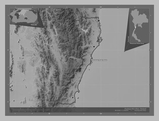 Prachuap Khiri Khan, Thailand. Grayscale. Labelled points of cities