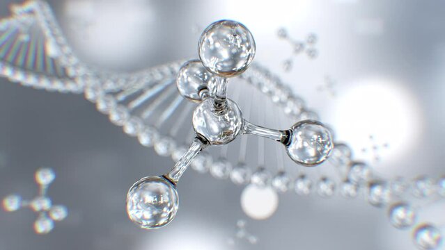 3D animation and rendering atomic molecule hero rotation in main and DNA. model rotation in the middle with bokeh in background.Laboratory science and beauty cosmetic design conceptual.