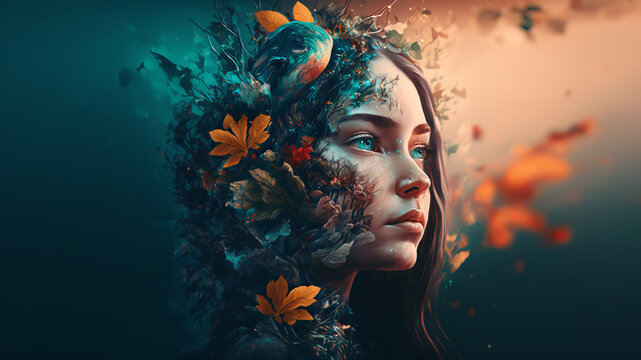 Surreal woman with natural elements over her face. Conceptual Imaginative portraits evoking different moods, emotions and feelings. Generative ai