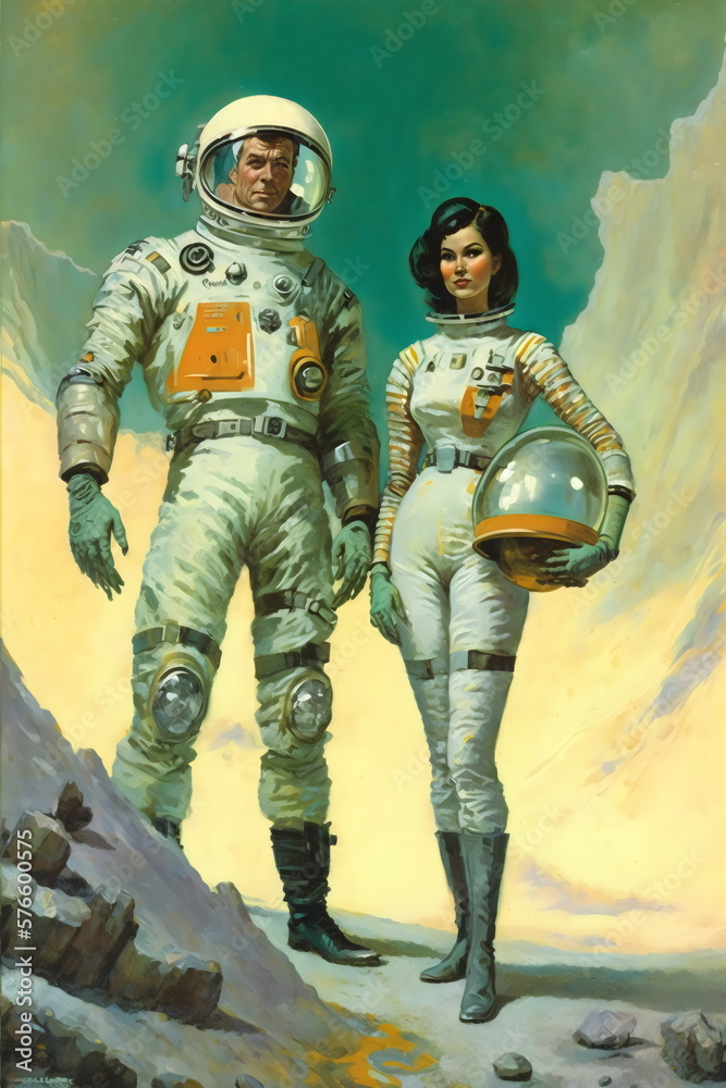 Wall mural vintage full length sci-fi painting of man and woman astronauts posing on alien planet, created with