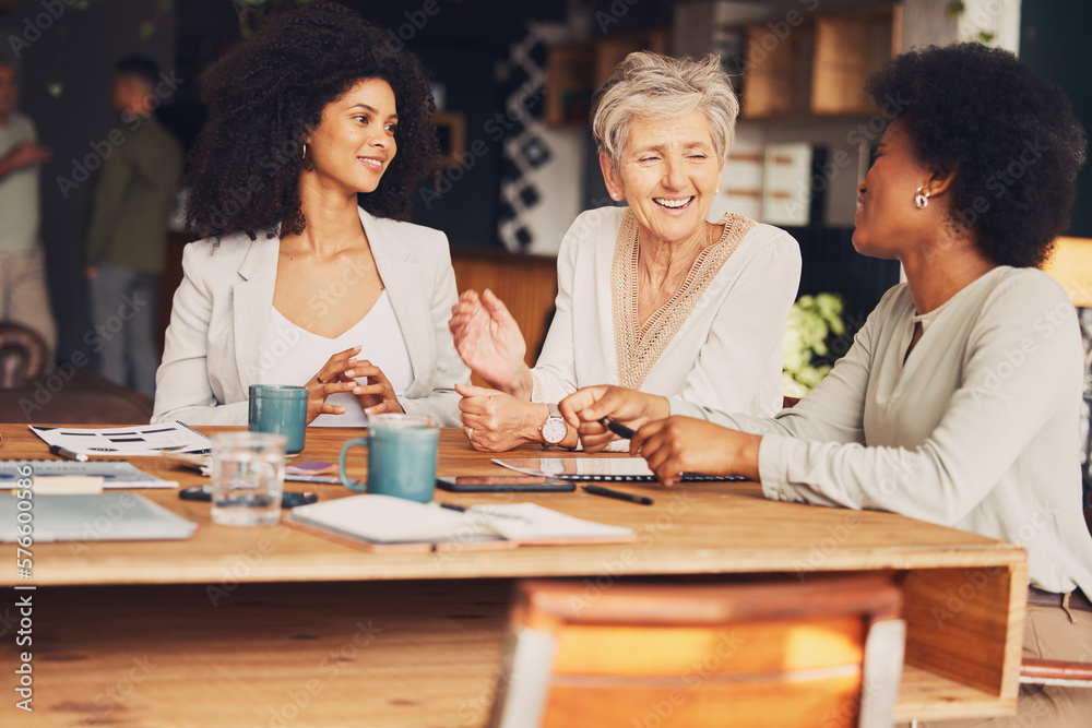 Wall mural Business women, cafe and meeting for strategy, proposal and collaboration with diversity. Senior executive, black woman and coffee shop discussion with ideas, teamwork and solidarity for company goal