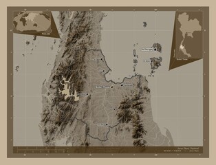 Surat Thani, Thailand. Sepia. Labelled points of cities