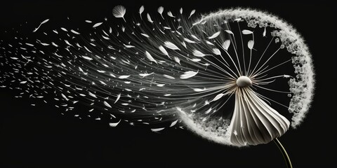 Blown dandelion seeds fly away, abstract natural background, AI generative