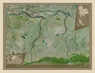 Surin, Thailand. High-res satellite. Labelled points of cities