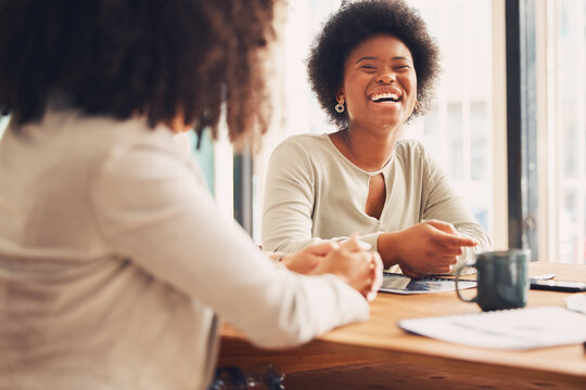 Coffee Shop, Meeting And Black Women Laughing For Funny Conversation, B2b Networking And Business Planning Together. Happy African People Or Friends In Restaurant Or Cafe For Remote Work And Talking