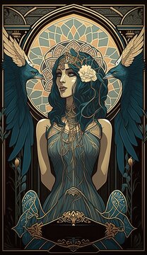 Seshat, Egyptian goddess of wisdom, knowledge, and writing, AI generative, art nuveau style