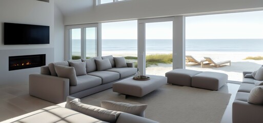 Fototapeta na wymiar Spacious living room interior at the seaside. View from the window. Modern apartment. Generative AI