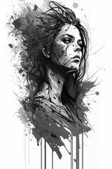 black and white grunge ink portrait of a serious woman, made with generative ai