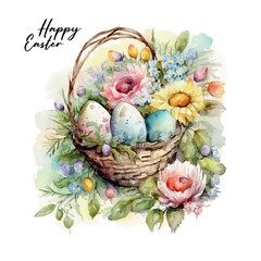 Happy easter Vector cute classic illustrations of easter eggs in a basket of flowers, chick, greeting text for a greeting card, poster or background