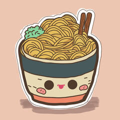 Ramen Noodles in cute bowl Cartoon Illustration, kawaii style. Food Noodle Concept, Flat Cartoon Style. Traditional Japanese dish. National Noodle Day.