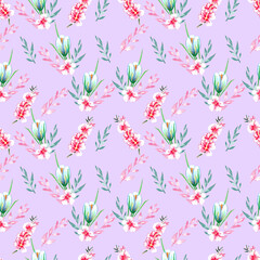 Watercolor hand painted botanical seamless pattern. Spring flowers.