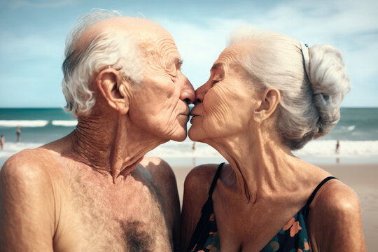 Generative AI illustration of a senior couple kissing on beach