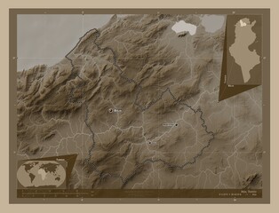 Beja, Tunisia. Sepia. Labelled points of cities