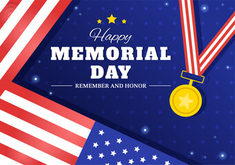 Memorial Day Illustration with American Flag, Remember and Honor to Meritorious Soldier in Flat Cartoon Hand Drawn for Landing Page Templates