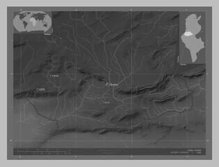 Gafsa, Tunisia. Grayscale. Labelled points of cities