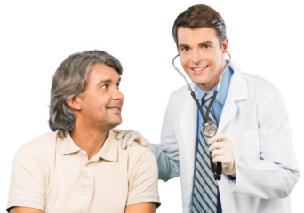 Handsome doctor making vaccination to male patient on background