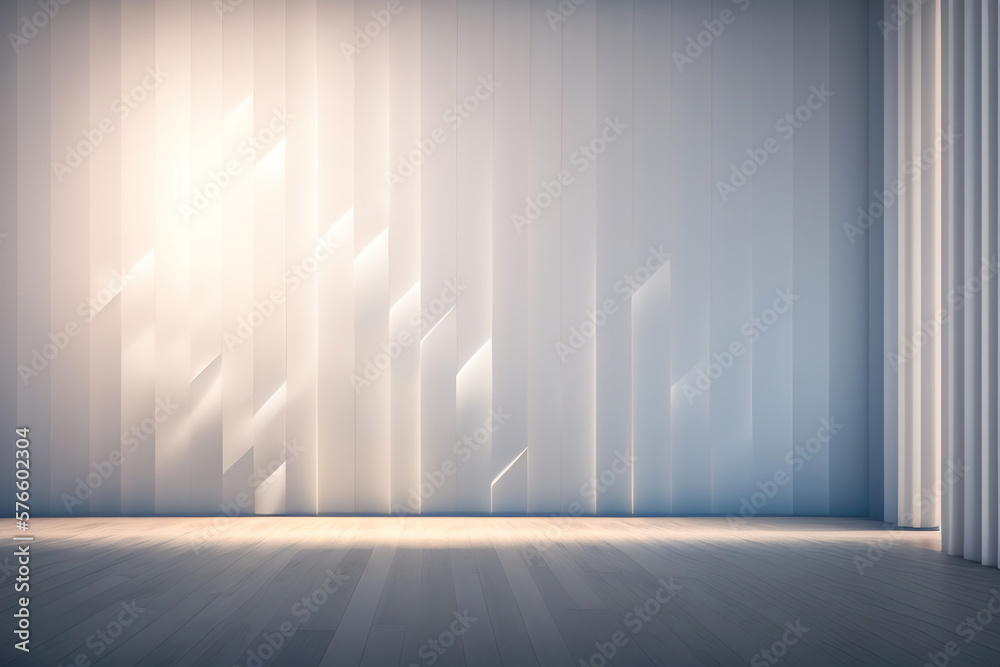 Poster empty light interior background. white textured empty wall and wooden light floor with beautiful lig