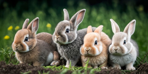 Fototapeta premium Bunny group of adorable baby animals playing Generative AI