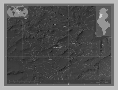 Kasserine, Tunisia. Grayscale. Labelled points of cities