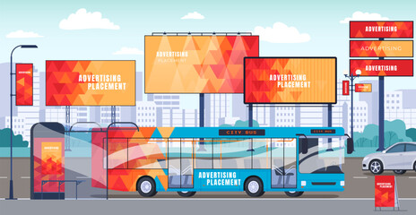 Advertising billboard carriers. Metal structures for advertising. Panorama of the city with places for advertising. Business promotion concept. Vector illustration - obrazy, fototapety, plakaty